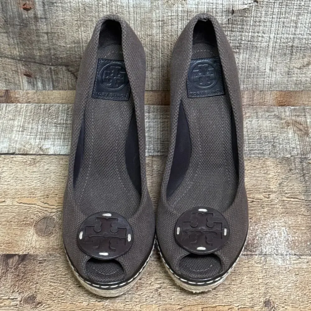 Tory Burch Jackie Brown Canvas Peep Toe Espadrille Wedge Heels Shoes Size 9.5